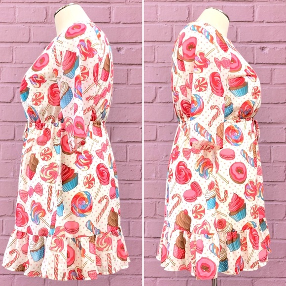 NWT Modcloth Candyland Chiffon Ruffled Hem Dress Sleeves Tie Waist Pink Blue 1X - Picture 5 of 14